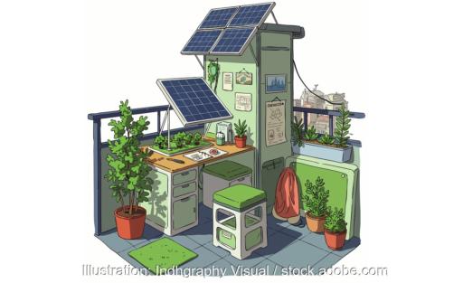 Eine Zeichnung zeigt Solarmodule auf dem Balkon, der Everhome-Stromzähler ist nun mit Balkonkraftwerken von Ecoflow kompatibel.