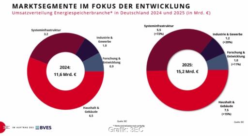 Die Grafik zeigt die Anteile der jeweiligen Segmente im Speicher-Markt in den Jahren 2024 und 2025