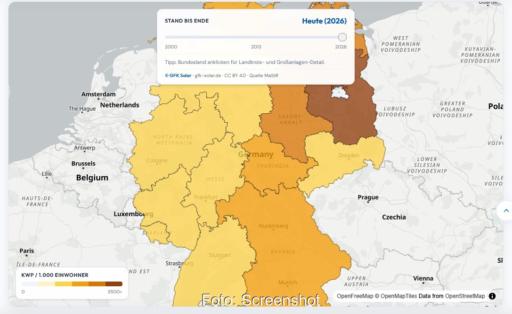 Eine Deutschland-Karte mit der installierten Solarleistung und den Photovoltaik-Anlagen in den Landkreisen, Brandenburg hat die höchste Solarleistung pro Kopf.
