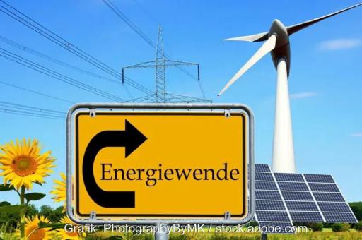 Ein gelbes Ortseingangsschild mit der schwarzen Aufschrift Energiewende im Linksbogen eines schwarzen Pfeils nach oben, im Hintergrund Strommasten, eine Windenergieanlage und rechts PV-Module sowie links Sonnenblumen.
