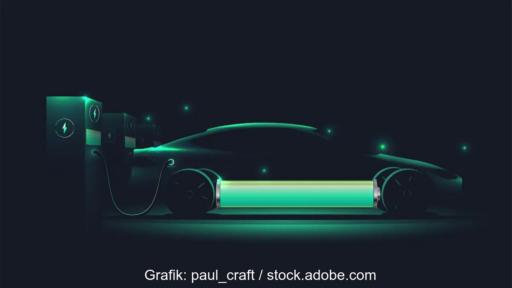 Ein Auto an Ladesäule mit schematisch angedeuteter leuchtend grüner Batterie, im Pilotprojekt BDL Next will man Photovoltaik in Vehicle-to-Grid integrieren.