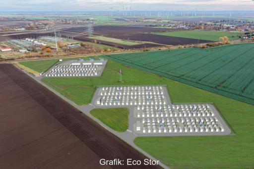 Grafik zeigt großes Batteriespeicherprojekt im Flachland.