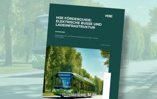 Im Bild das Cover vom M3E-Förderguide: Elektrische Busse und Ladeinfrastruktur, neue Bundesförderung für E-Busse ist Schwerpunkt.