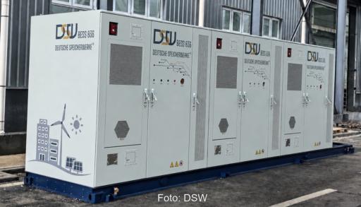 Drei große Batteriespeicher in einem Aufbau, im Bild der neue DSW-2,5-MWh-Skid.