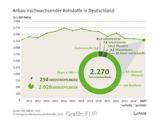 Eine Grafik zeigt die Entwicklung der Ackerfläche für nachwachsende Rohstoffe und die unterschiedlichen Anwendungen.