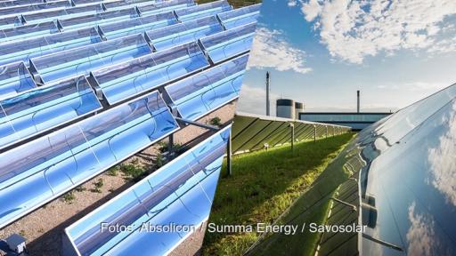 Eine Collage aus konzentrierenden Parabolrinnen-Solarkollektoren von Absolicon und einer Solarthermie-Großanlage mit Savosolar-Kollektoren.