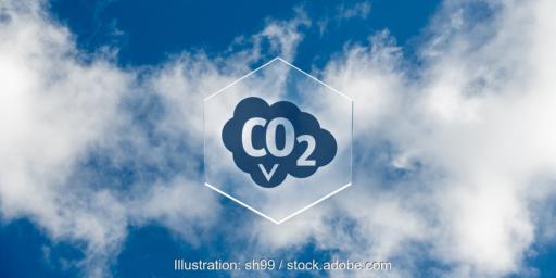 Die Aufschrift CO2 vor einem Himmel mit leichten Wolken als Symbol für Direct Air Capture, der Abscheidung von CO2 aus der Luft.