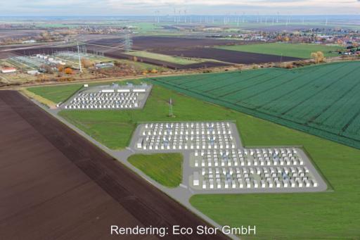 Rendering zeigt drei Flächen mit Batteriespeichern im grünen Flachland.