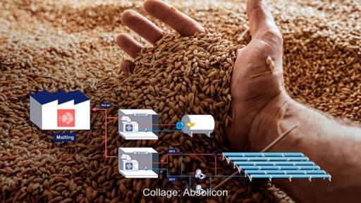 Hand mit Gerstenkörnern vor einer schematischen Darstellung einer Solarthermie-Anlage zur Bereitstellung von Prozesswärme für die Malztrocknung in einer Brauerei.