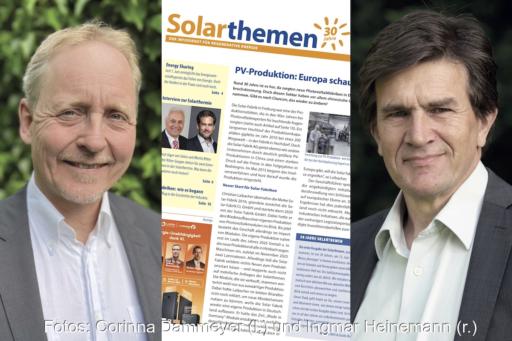 Zwei Portraitbilder links und rechts von Andreas Witt und Guido Bröer. In der Mitte ein Ausschnitt vom Titelbild der Solarthemen-Ausgabe 600, 30 Jahre nach Start des Medienprojektes.
