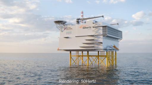 Computergenerierte Darstellung einer Offshore-Konverterplattform auf dem Meer. Die Anlage steht auf einer Stahlunterkonstruktion in der Nordsee.