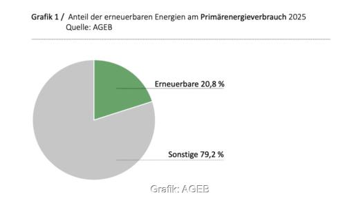 Kreisdiagramm zum Primärenergieverbrauch 2025: Erneuerbare Energien haben einen Anteil von 20,8 Prozent, sonstige Energieträger 79,2 Prozent.