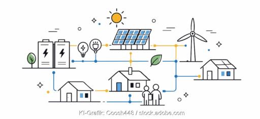 Eine Grafik mit Häusern, PV-Modulen, Speichern etc. und Menschen als Symbolbild für Energy Sharing.