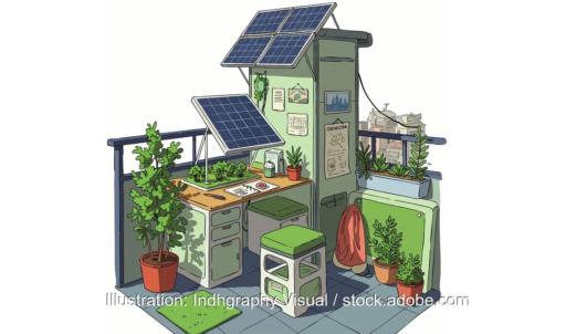 Die Zeichnung zeigt einen Balkon mit Photovoltaik-Modulen, Balkonkraftwerk-Speicher ohne 960-Watt-Grenze sind normwidrig, wie zwei Landgerichte entschieden haben.