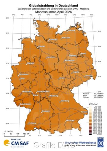 Deutschlandkarte mit Verteilung der globalen Strahlungsdaten für April 2026