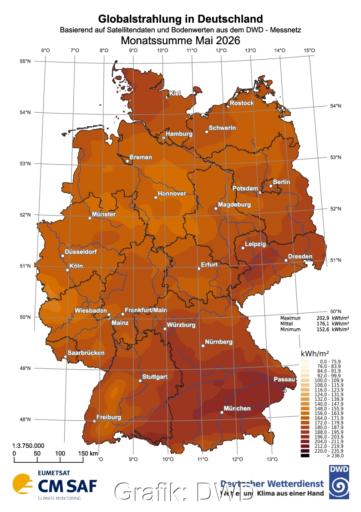 Deutschlandkarte mit Verteilung der globalen Strahlungsdaten für Mai 2026