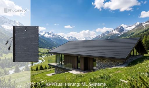 KI-Visualisierung eines mit schwarzen Solarziegeln gedeckten Hauses in Gebirgsregion.