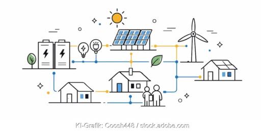 Eine Zeichnung stellt Häuser, Photovoltaik und Stromspeiche dar, das Bündnis Bürgerenergie kritisiert eine Mitteilung der Bundesnetzagentur zur Umsetzung von Energy Sharing durch Verteilnetzbetreiber.