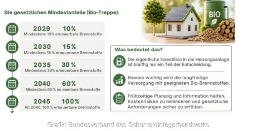 Eine Grafik zeigt die Bio-Treppe, die das neue Heizungsgesetz für neue Gas- und Ölheizungen vorschreibt.