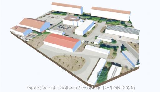 Eine Grafik zeigt 3D-Gebäudemodelle von Rexplorer, die in die Photovoltaik-Planungssoftware PV*Sol premium von Valentin Software importiert wurden.