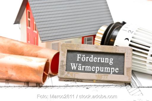 Im Vordergrund liegt eine Tafel mit der Aufschrift "Förderung Wärmepumpe" auf einem Haus-Grundriss, rechts dahinter ein Thermostat, links zwei Heizungsrohre, im Hintergrund das Spielzeugmodell eines Hauses.