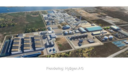 Computergenerierte Luftansicht der geplanten Industrieanlage H4 Marseille Fos mit Produktionsgebäuden, Tanks, Leitungen und Energieinfrastruktur in einem Industriegebiet nahe der Küste.