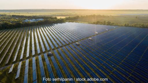 Großer Freiflächen-Solarpark bei tiefstehender Sonne.