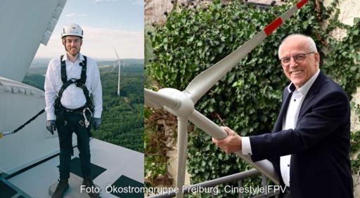 Zwei Portraifotos: Thomas Schuwald auf einer Windenergieanlage, Andreas Markowsky mit dem Modell einer solchen Anlage.