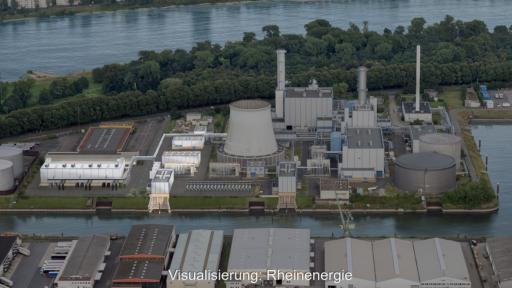 Das Gaskraftwerk von Rheinenergie am Niehler Hafen in Köln, die Illustration zeigt die Flusswärmepumpe, die hier gebaut wird.