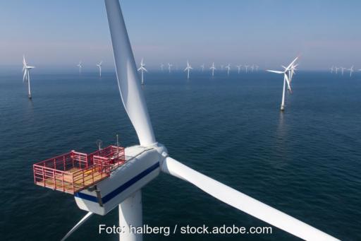 Blick über einen Offshore-Windpark aus der Vogelperspektive, im Vordergrund links eine Windturbine und Rotoren.