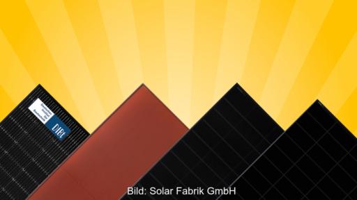Vier unterschiedlich gestaltete Solarmodule stehen fächerförmig vor einem gelben Hintergrund mit stilisierten Sonnenstrahlen.
