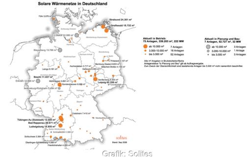 Eine Deutschlandkarte zeigt die Solarkollektor-Anlagen, die Solarthermie für die Fernwärme bereitstellen.
