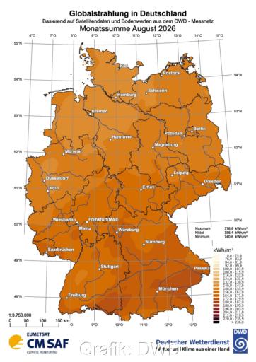 Zu sehen ist eine Deutschland-Karte mit der Sonneneinstrahlung in Deutschland im August 2026.