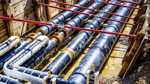 Vier große Fernwärmeleitungen in einer Baugrube, Power-to-Heat-Anlagen wie Großwärmepumpen und Elektrodenkessel sollten Elektrolyseuren bei Netzentgelten im AgNes-Verfahren gleichgestellt werden.