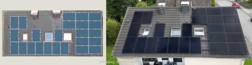 Eine Photovoltaik-Anlage auf einem Dach mit drei Dachfenstern, die Solarmodul-Belegung aus horizontal und vertikal verlegten Solarpanelen plante Tegrona Lite.