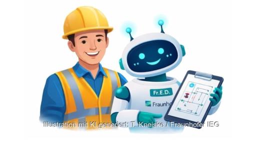 Eine mit KI-erstellte Zeichnung stellt einen Mann mit Arbeitshelm dar, der neben einem KI-Männchen mit Tablett steht, das KI-Tool Fr.E.D soll Wissen in der kommunalen Wärmeplanung vermitteln.