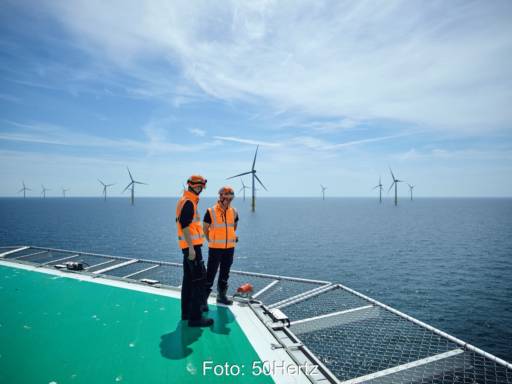 Zwei Mitarbeiter in Sicherheitswesten auf einem Hubschrauberlandeplatz einer Offshore-Plattform vor Windanlagen im Meer.
