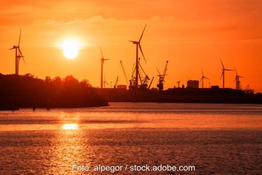 Industrie-Silhouette mit Windkraftanlagen im Abendlicht
