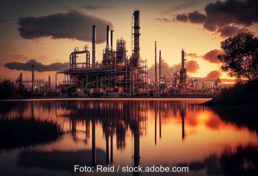 Erdöl-Raffinerie bei Sonnenuntergang
