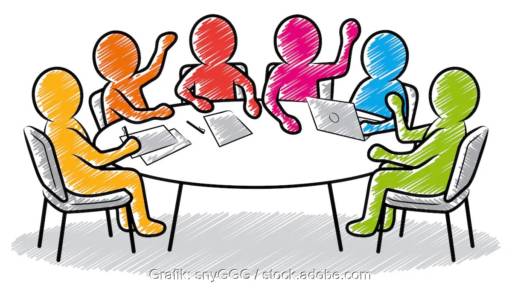 Im Bild ein Tisch mit bunten Strichmännchen als Symbol für die Mitarbeitenden-Gesellschaft vom Hamburg Institut.