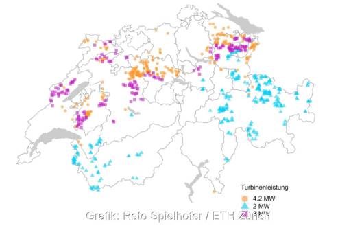 Zu sehen ist eine Landkarte, die die optimale Verteilung von Windkraftstandorten gemäß dem aktuellen Windenergie-Konzept der Schweiz zeigt.