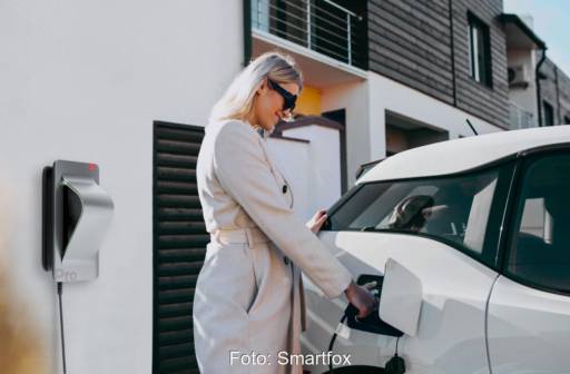 Frau betankt Auto mit Strom aus einer Wallbox.