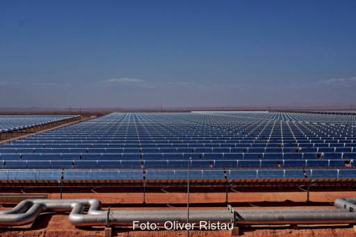 Parabolrinnen-Kollektorfeld auf roter Erde, in der Ferne eine Gebirgskette - konzentrierende Solarthermie.
