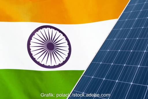 Photovoltaik-Modul vor Flagge von Indien.