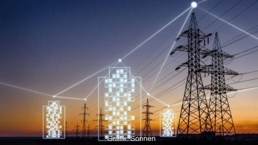 Animation zeigt Stromnetz mit symbolisch eingebauten Heimspeichern.