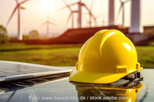 Schutzhelm, PV-Module, Windpark - Symbolbild für Jobs im Bereich erneuerbare Energien