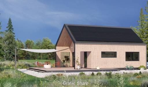 Im Bild eine Grafik eines modernen Holzhauses, dessen Dach mit dem N-Typ-TOPCon-Modul von Sharp belegt ist.