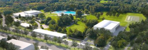 Visualisierung zeigt aus der Vogelperspektive weiße Gebäude auf Gelände mit Rasen, Bäumen und Pool - Geothermie-Anlage in München.