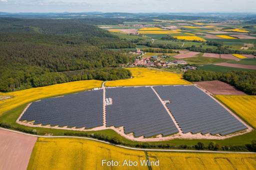 Luftaufnahme einer Freiflächen-PV-Anlage umgeben von gelben Feldern.