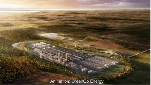 Animation eines Energieparks in flacher Landschaft bei niedrigem Sonnenstand, in der Ferne der Ozean.